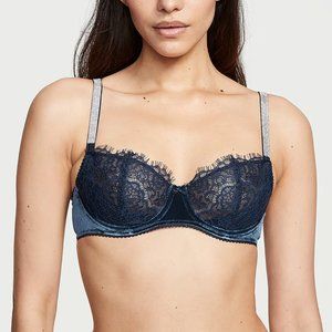 Victoria's Secret Wicked Unlined Lace & Velvet Shine Strap Balconette Bra 32DDD